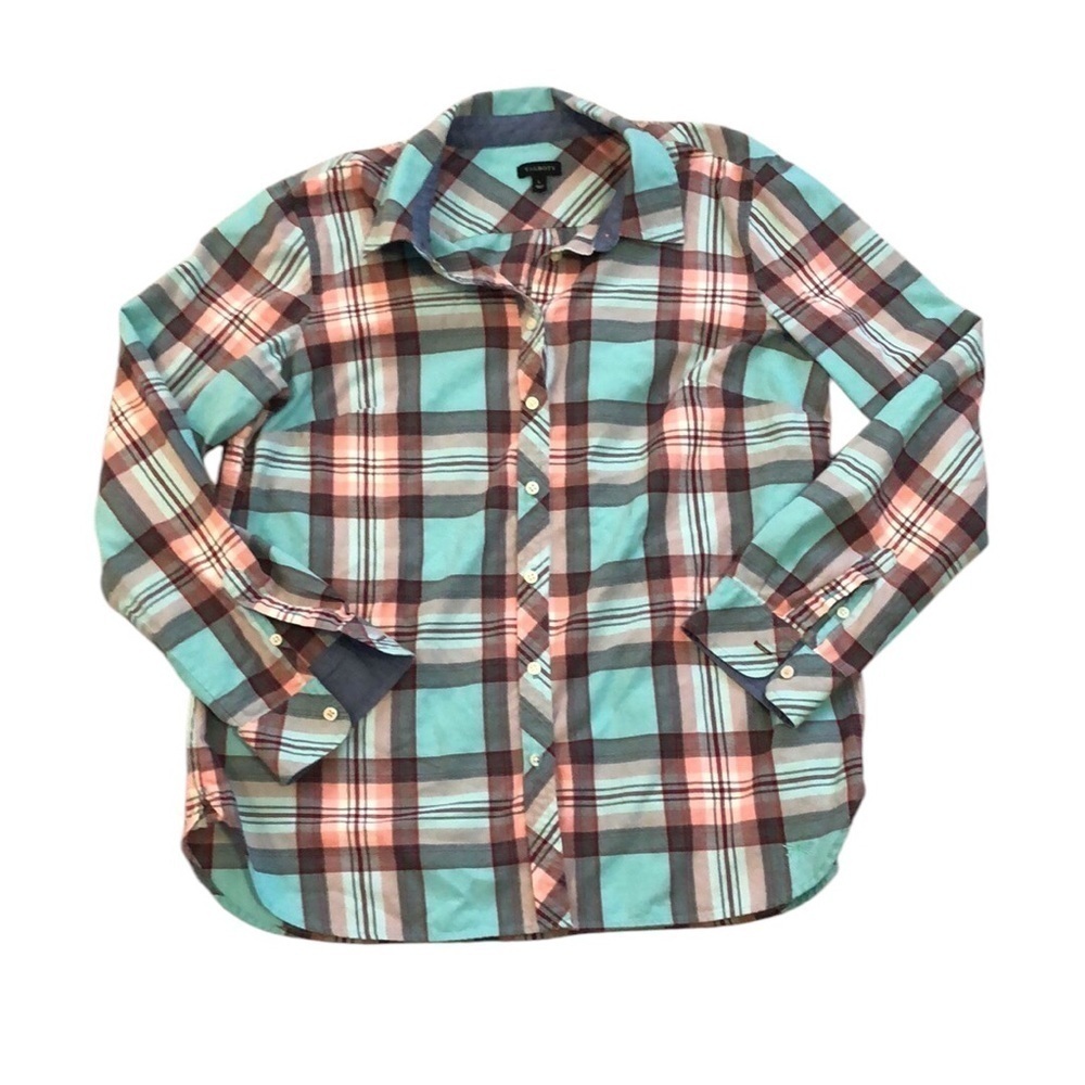 Talbots Womens Button Down Sz L Turquoise Pink Plaid Fall Winter Western Boho